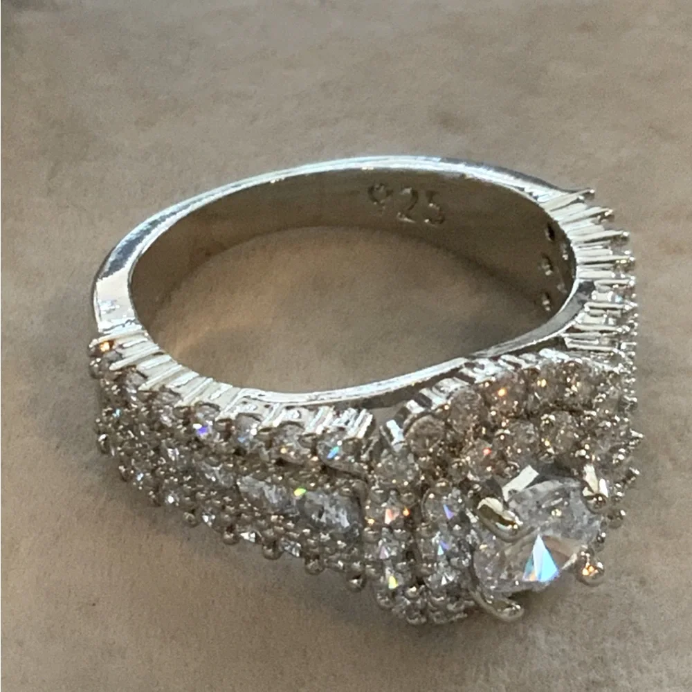 Ring Dome Shape CZ With Double Halo 925 Silver CZ Band Size 6
